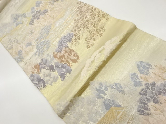 リサイクル　寺院風景に木々模様織出し袋帯